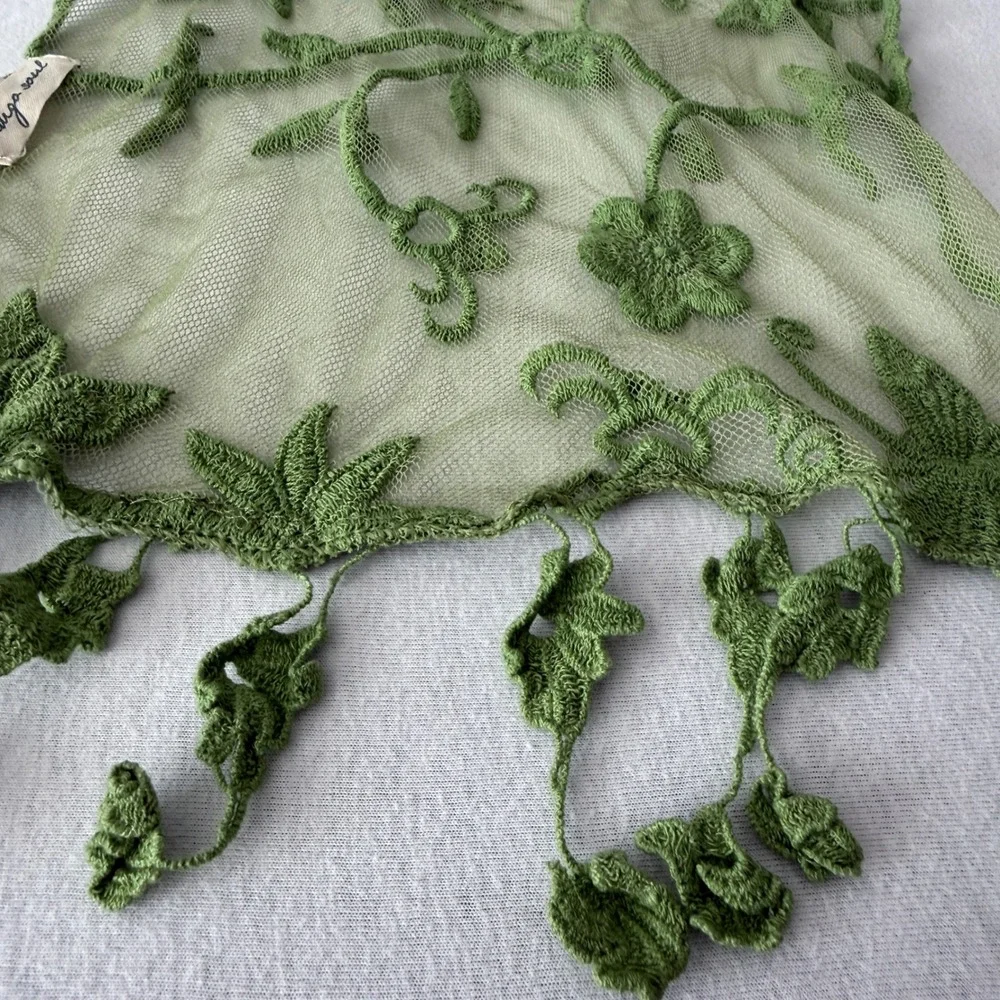 Indigo Soul Scarf Women Green Floral Mesh Embroidered Tassel Boho Cottagecore
